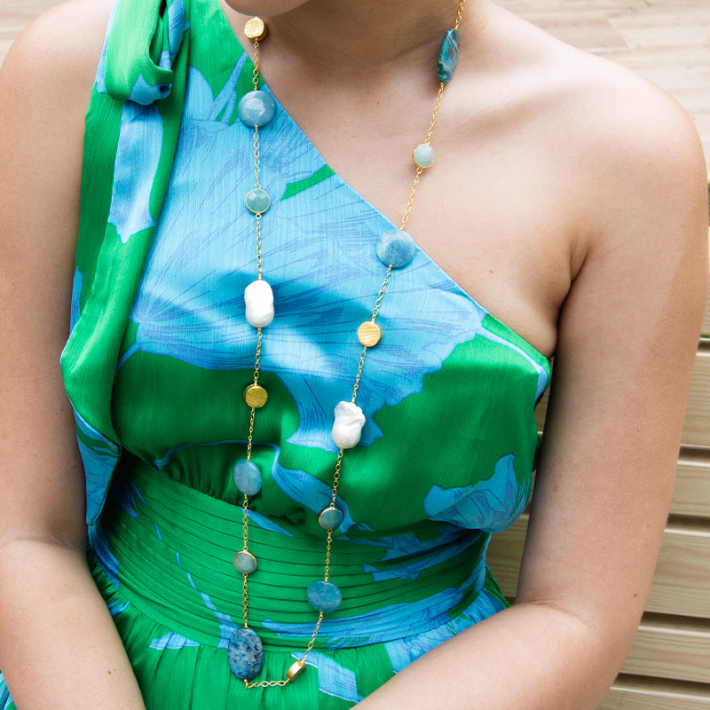 Baroque Pearl, Amazonite & Crazy Lace Agate Necklace