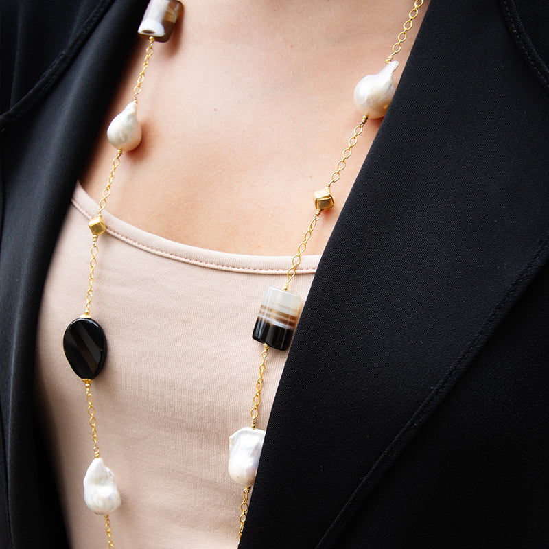 Baroque Pearl, Black & Banded Agate Necklace