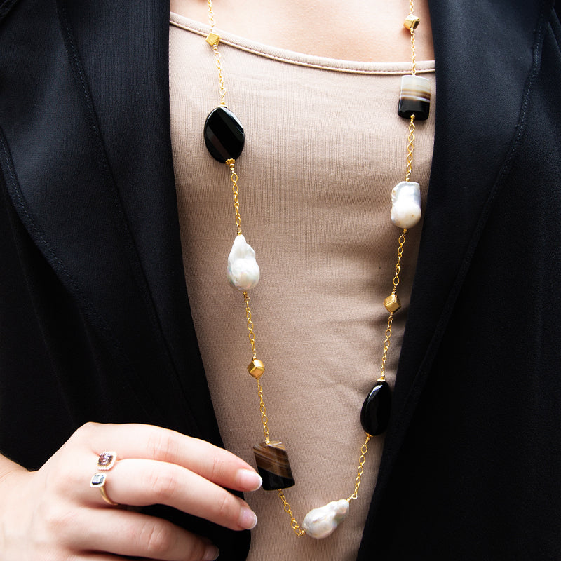 Baroque Pearl, Black & Banded Agate Necklace