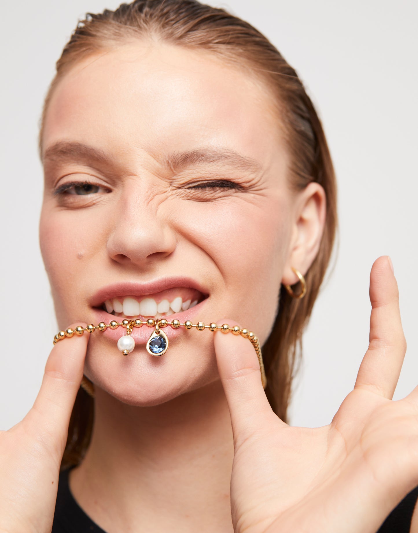 UNOde50 Gold Ball Necklace with Pearl & Blue Charm