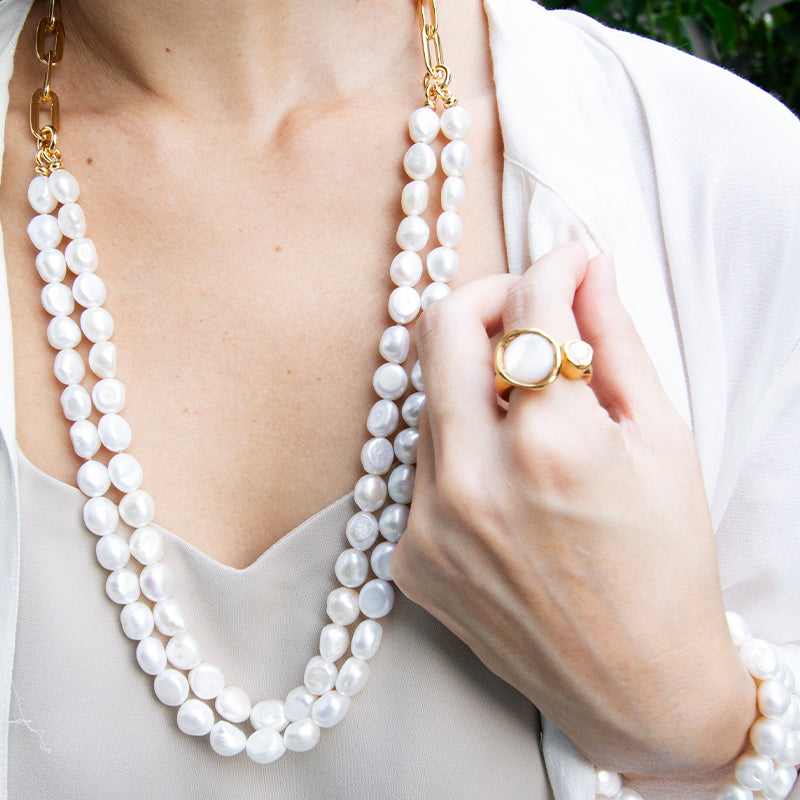 Velatti Double Pearl Strand & Link Necklace