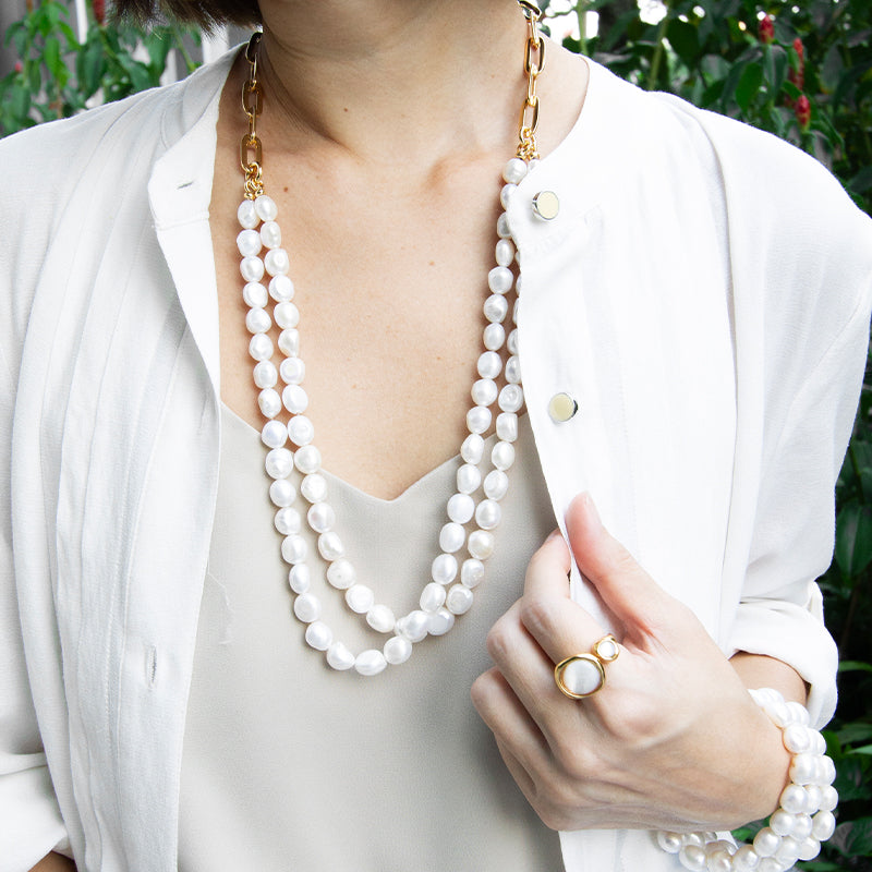 Velatti Double Pearl Strand & Link Necklace