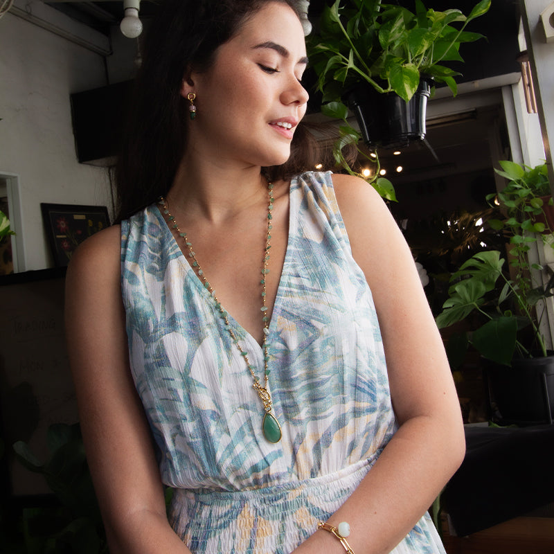 Velatti Long Braided Necklace with Aventurine and Front Toggle