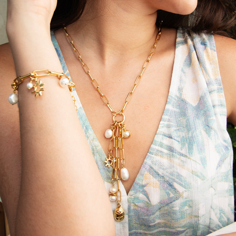 Velatti Long Links Cluster Necklace with Pearls