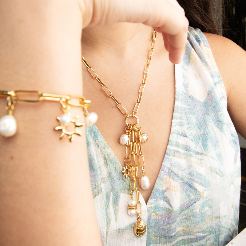 Velatti Long Links Cluster Necklace with Pearls