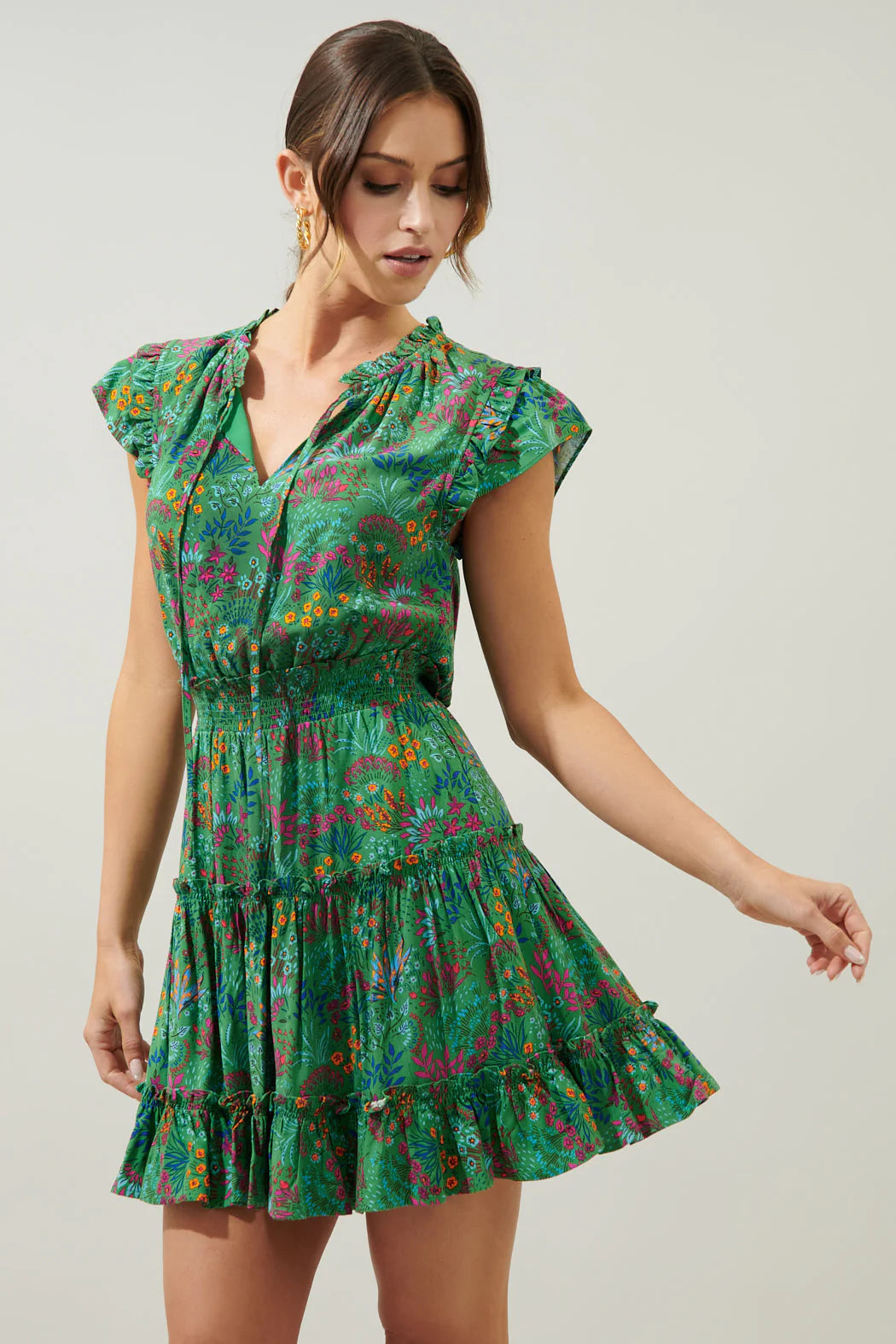 Sugarlips Ruya Floral Split Neck Toledo Tiered Mini Dress