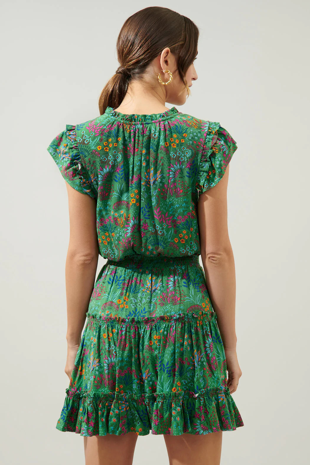 Sugarlips Ruya Floral Split Neck Toledo Tiered Mini Dress