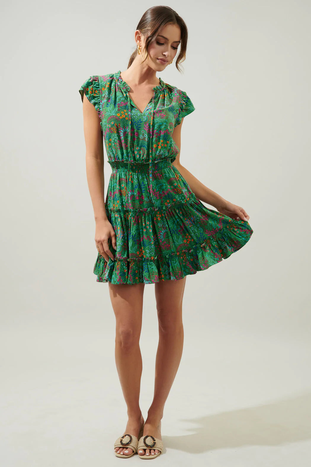Sugarlips Ruya Floral Split Neck Toledo Tiered Mini Dress