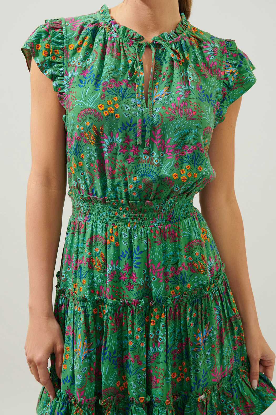 Sugarlips Ruya Floral Split Neck Toledo Tiered Mini Dress