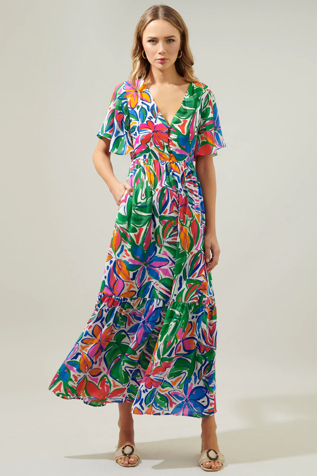 Sugarlips Paradise Falls Pismo Button Down Flutter Maxi Dress