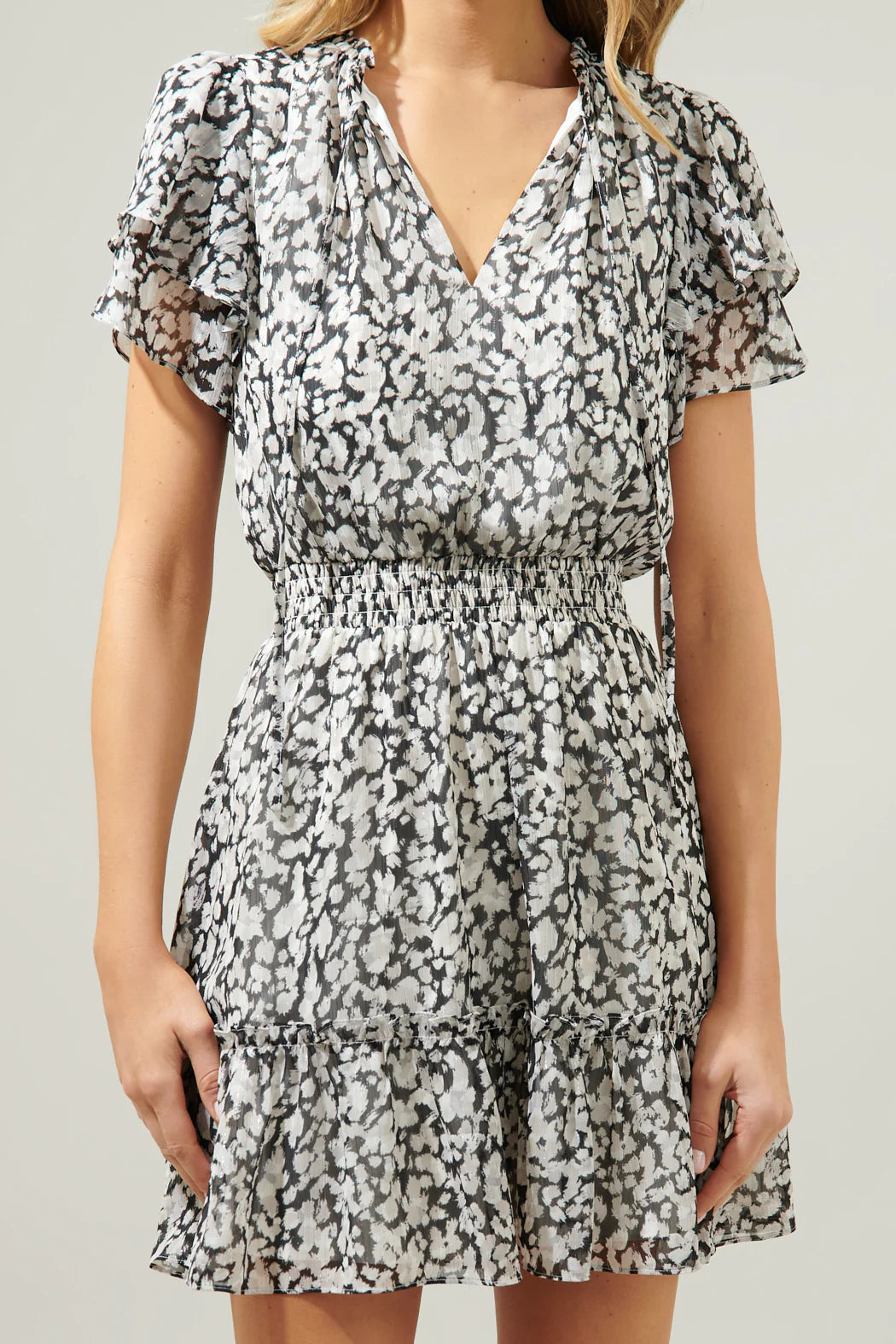 Sugarlips Azalea Floral Bumble Ruffle Mini Dress Grey Black
