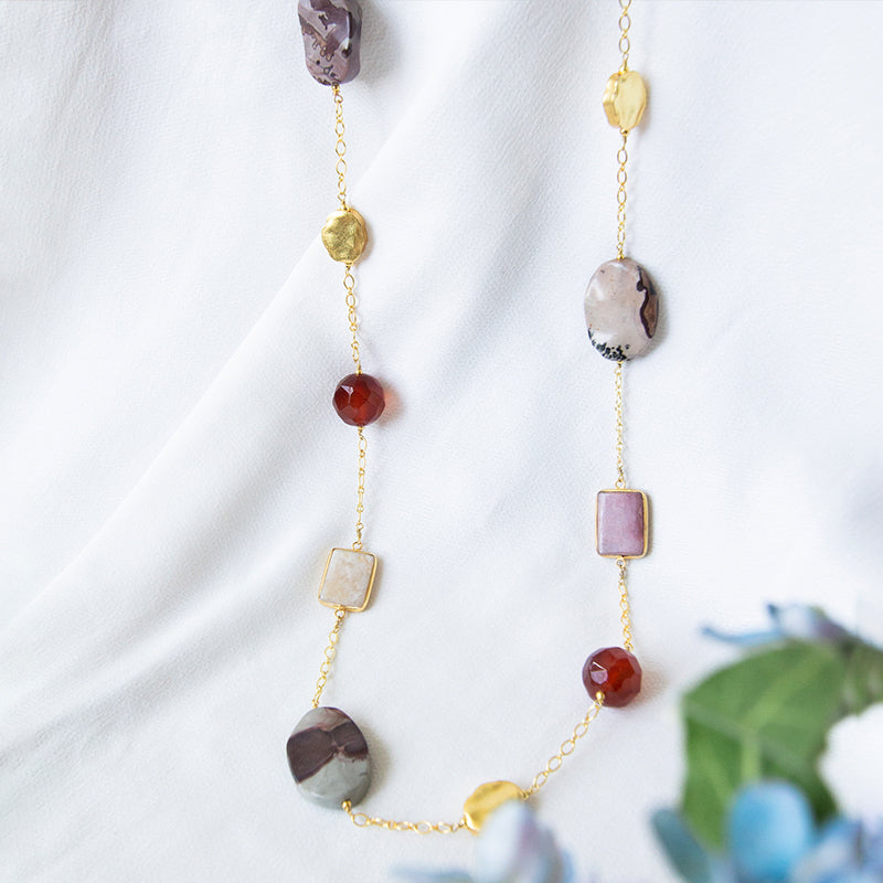 Pink Opal, Carnelian & Jasper Long Necklace