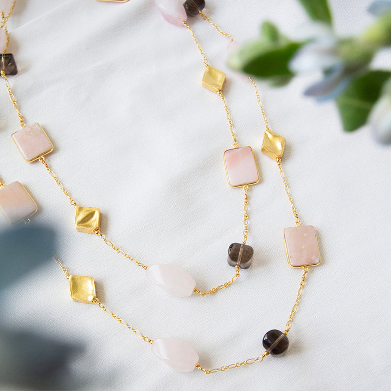 Rose Quartz, Smoky Quartz & Pink Opal Long Necklace