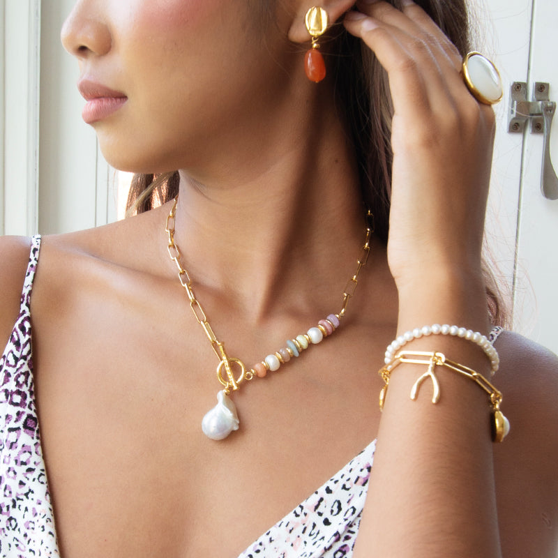 Velatti Short Front Clasp Necklace with Baroque Pearl & Gems