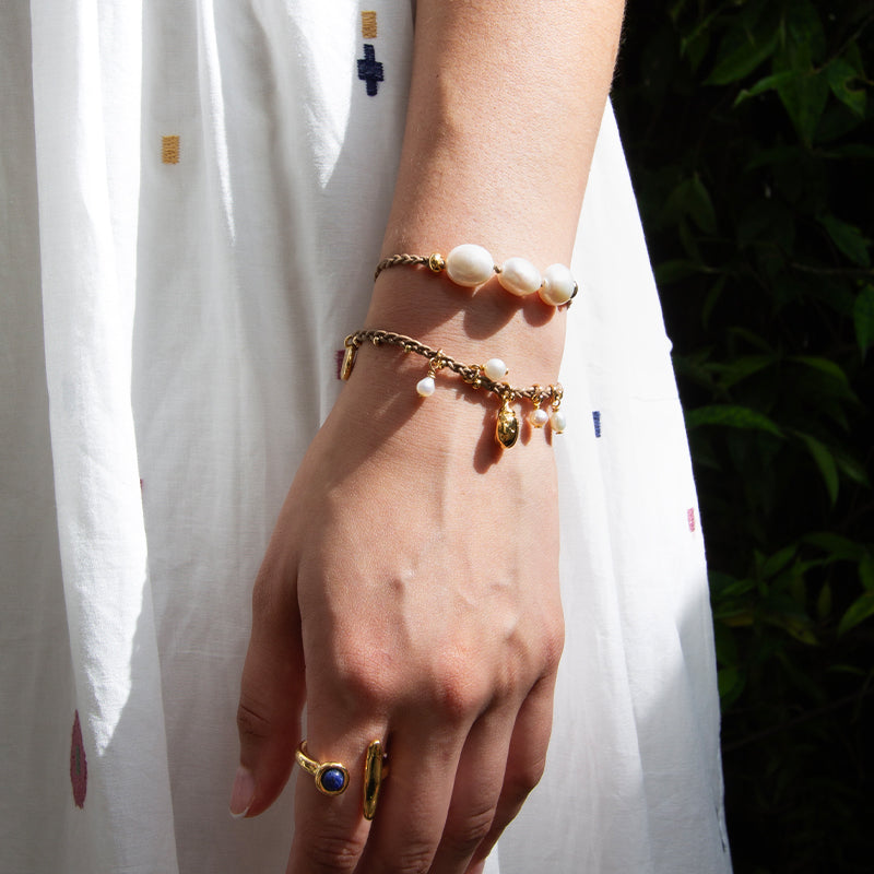 Velatti Hand Braided Freshwater Pearl & Ladybug Bracelet