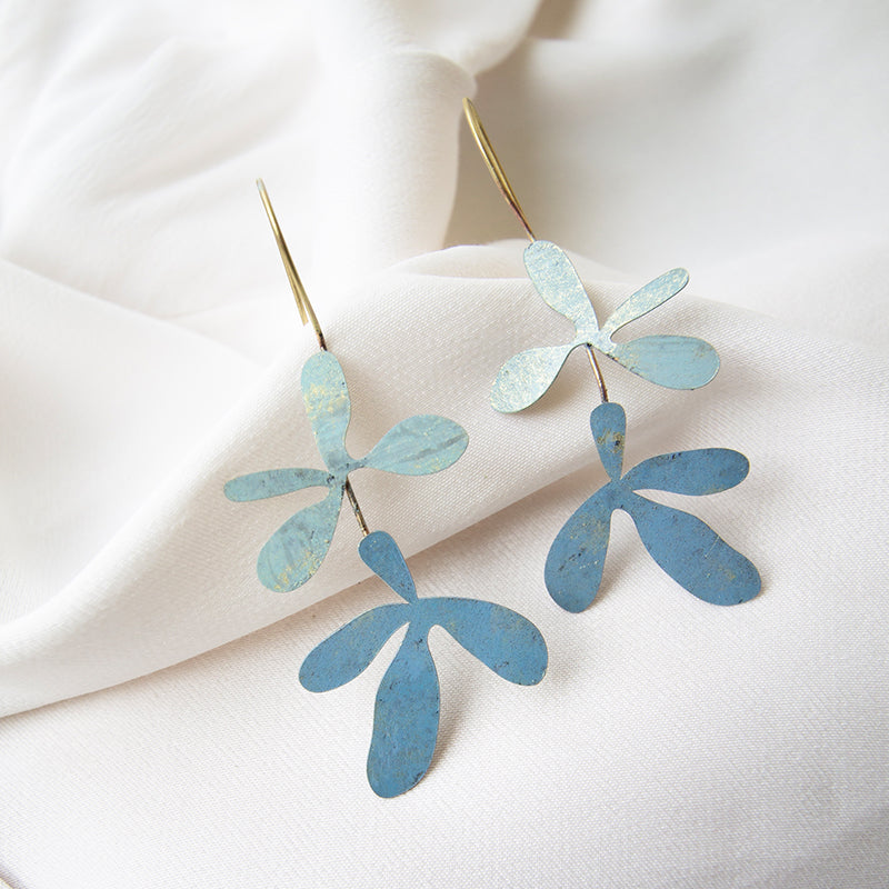 Double Blue Floral Earrings with Patina