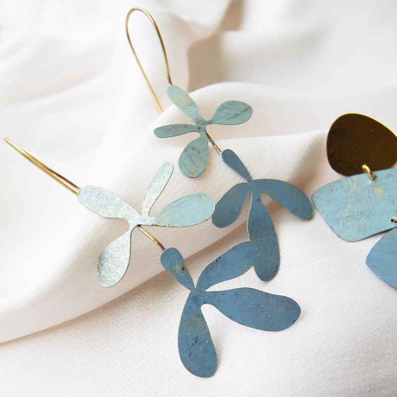 Double Blue Floral Earrings with Patina