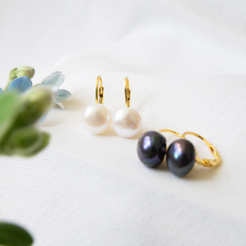 White Button Pearl Earrings with Back Clasp