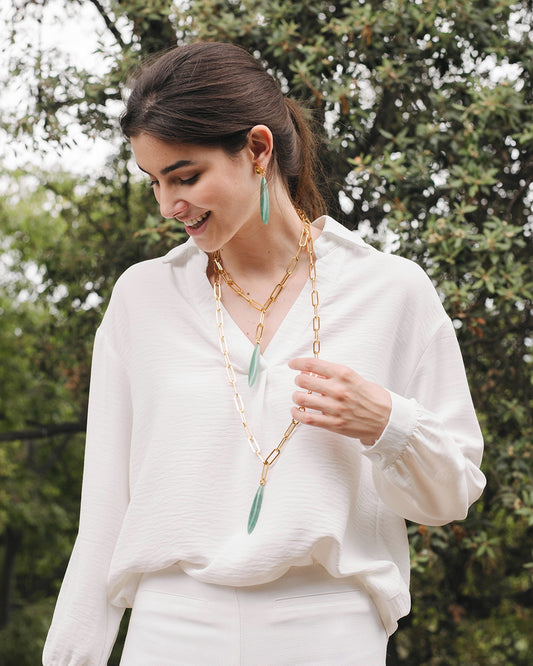 Velatti Pointed Teardrop Aventurine Long Links Necklace