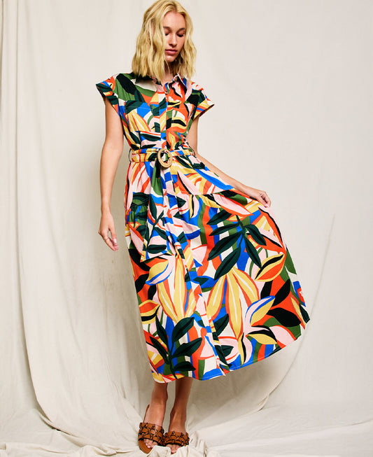 Dress Forum Tropical Kaleidoscope Sash Belt Shirt Dress