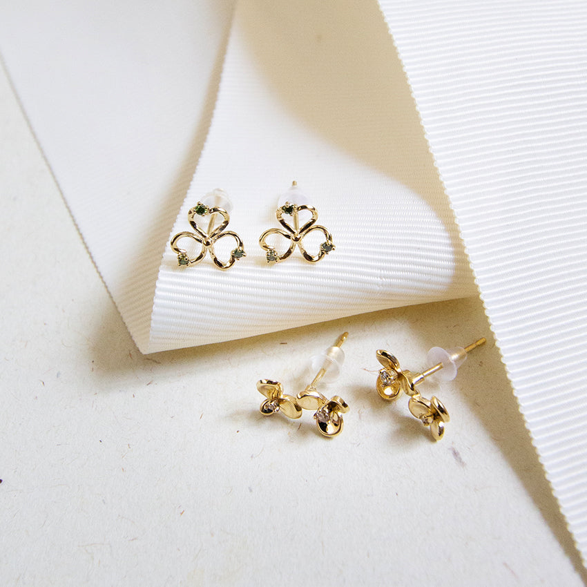 Green Diamond Flower 10k Gold Studs