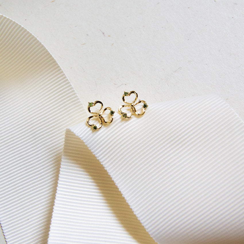 Green Diamond Flower 10k Gold Studs