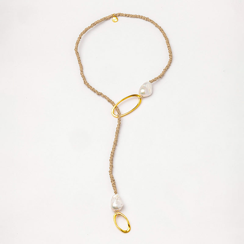 Velatti Hand Braided Linen Lariat with Double Baroque Pearls