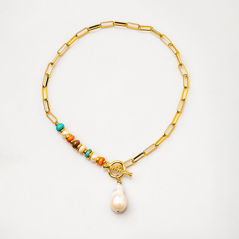 Velatti Short Front Clasp Necklace with Baroque Pearl & Gems