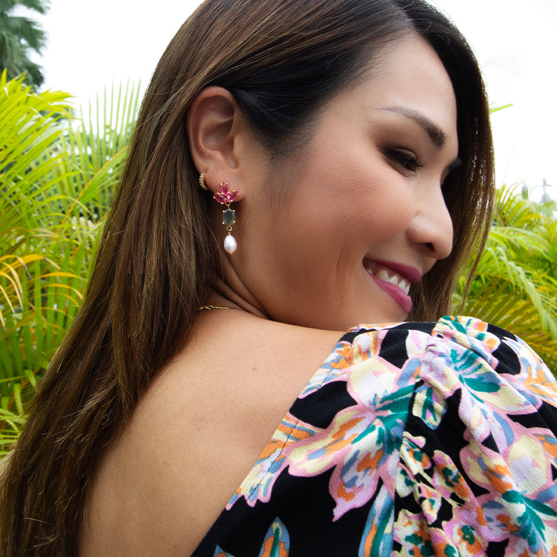 Pink Quartz, Labradorite & Freshwater Pearl Earrings