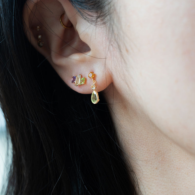 Trinity Square Studs with Peridot, Amethyst & White Topaz