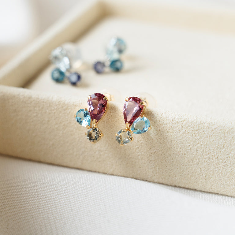 Trinity Pear Studs with Garnet, Blue Topaz & Green Amethyst