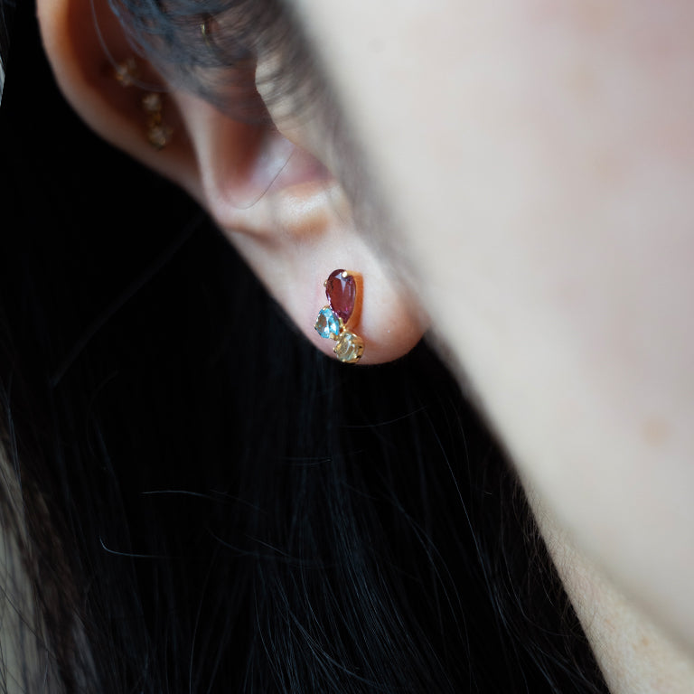 Trinity Pear Studs with Garnet, Blue Topaz & Green Amethyst