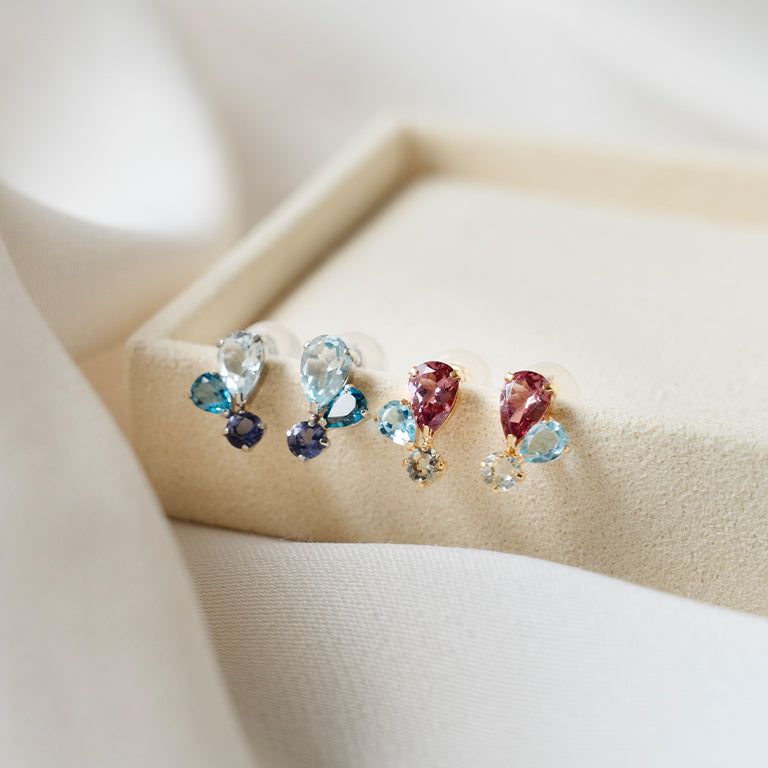 Trinity Pear Studs with Garnet, Blue Topaz & Green Amethyst