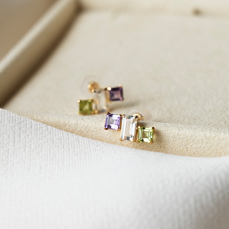 Trinity Square Studs with Peridot, Amethyst & White Topaz