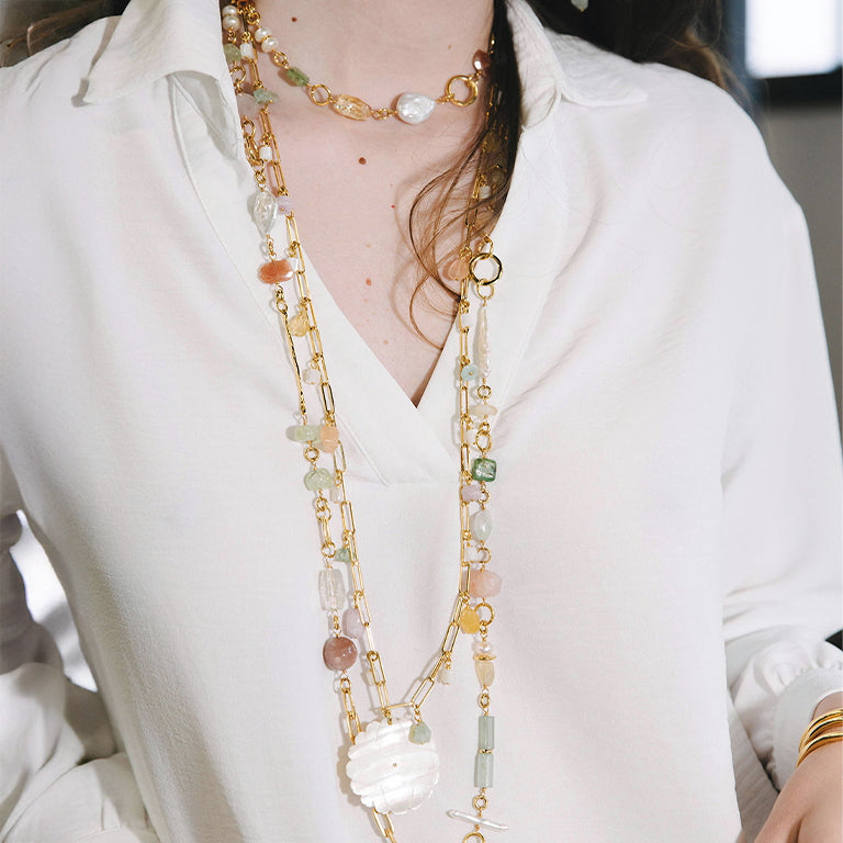 Velatti Multi Gem & Pearls Long Necklace
