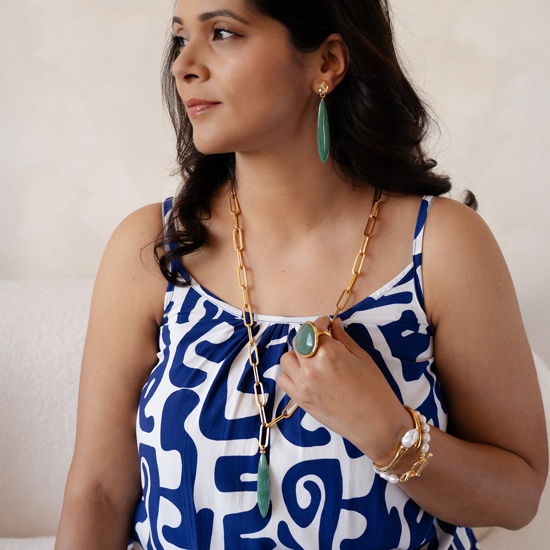 Velatti Pointed Teardrop Aventurine Long Links Necklace