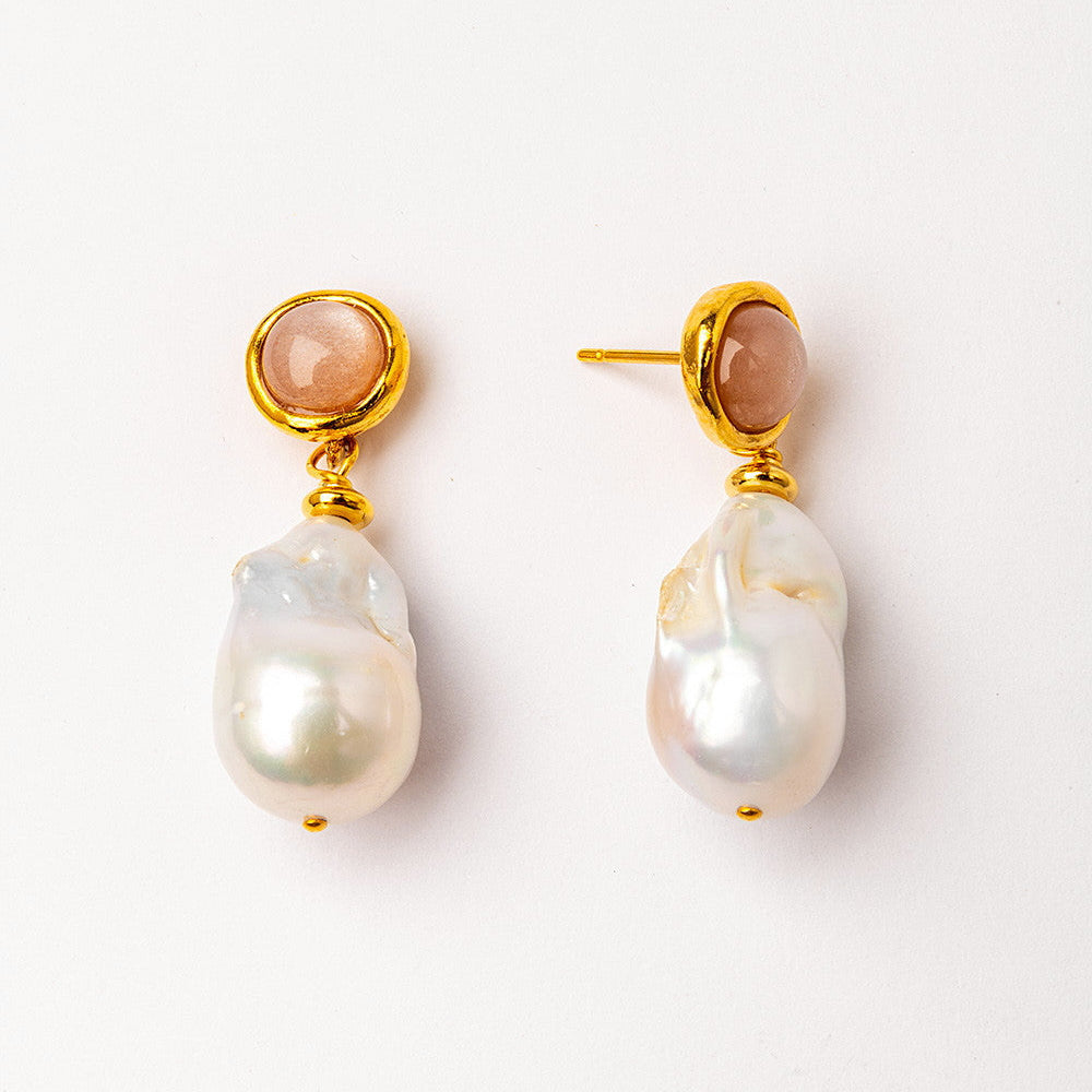 Velatti Peach Moonstone Earrings with Baroque Pearls