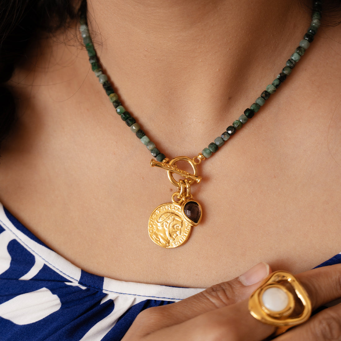 Velatti Gemstone Necklace with Medallion and Gem