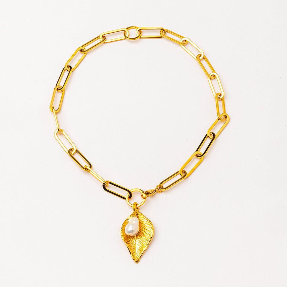 Velatti Leaf Charm Link Necklace with Gemstone