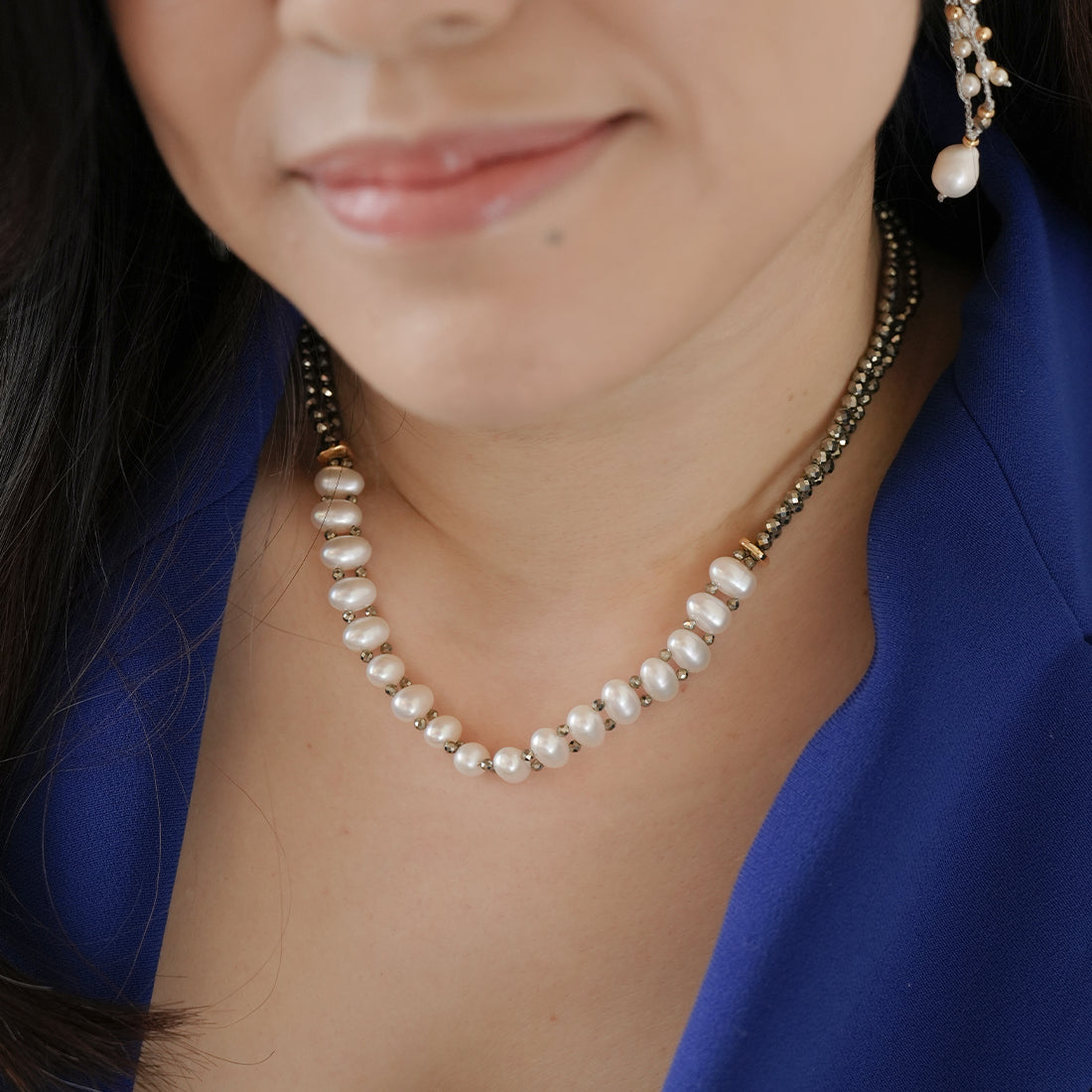 Velatti Necklace with Pyrite & String of Freshwater Pearl