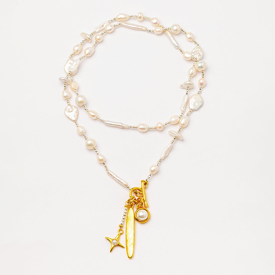 Velatti Celeste Star Long Necklace with Freshwater Pearl & Hematite
