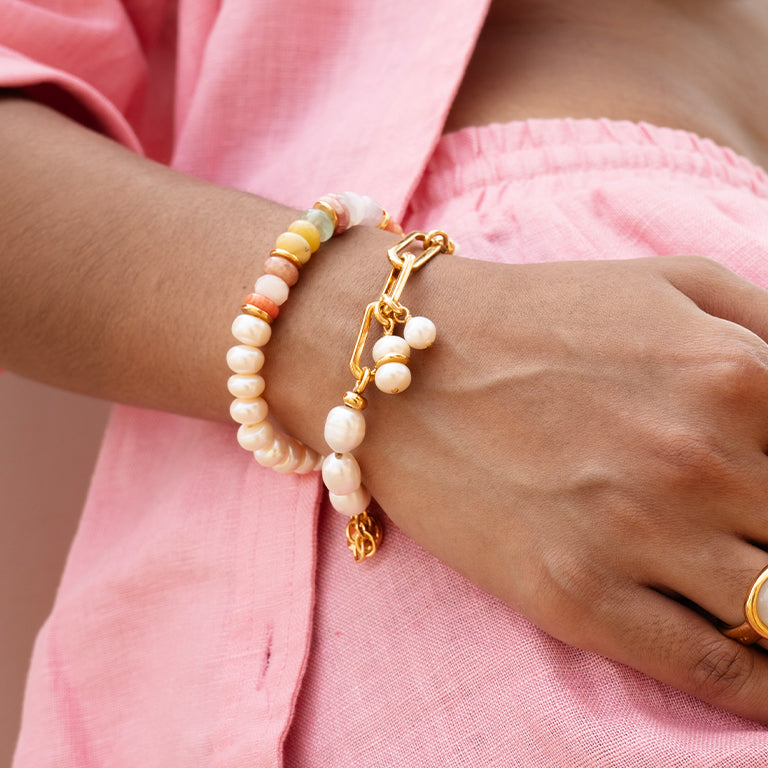 Velatti Freshwater Pearl Link Bracelet with Double Pearl Drop