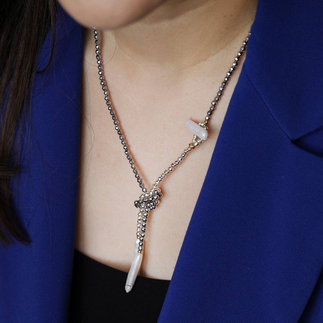 Velatti Necklace with Hematite, Pyrite & Freshwater Pearl