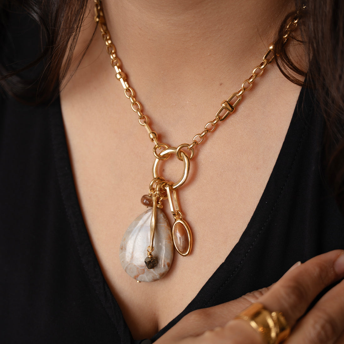 Velatti Large Teardrop Gem Necklace with Charms