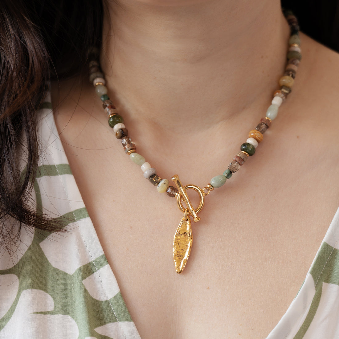 Velatti Gemstone Necklace with Leaf Charm