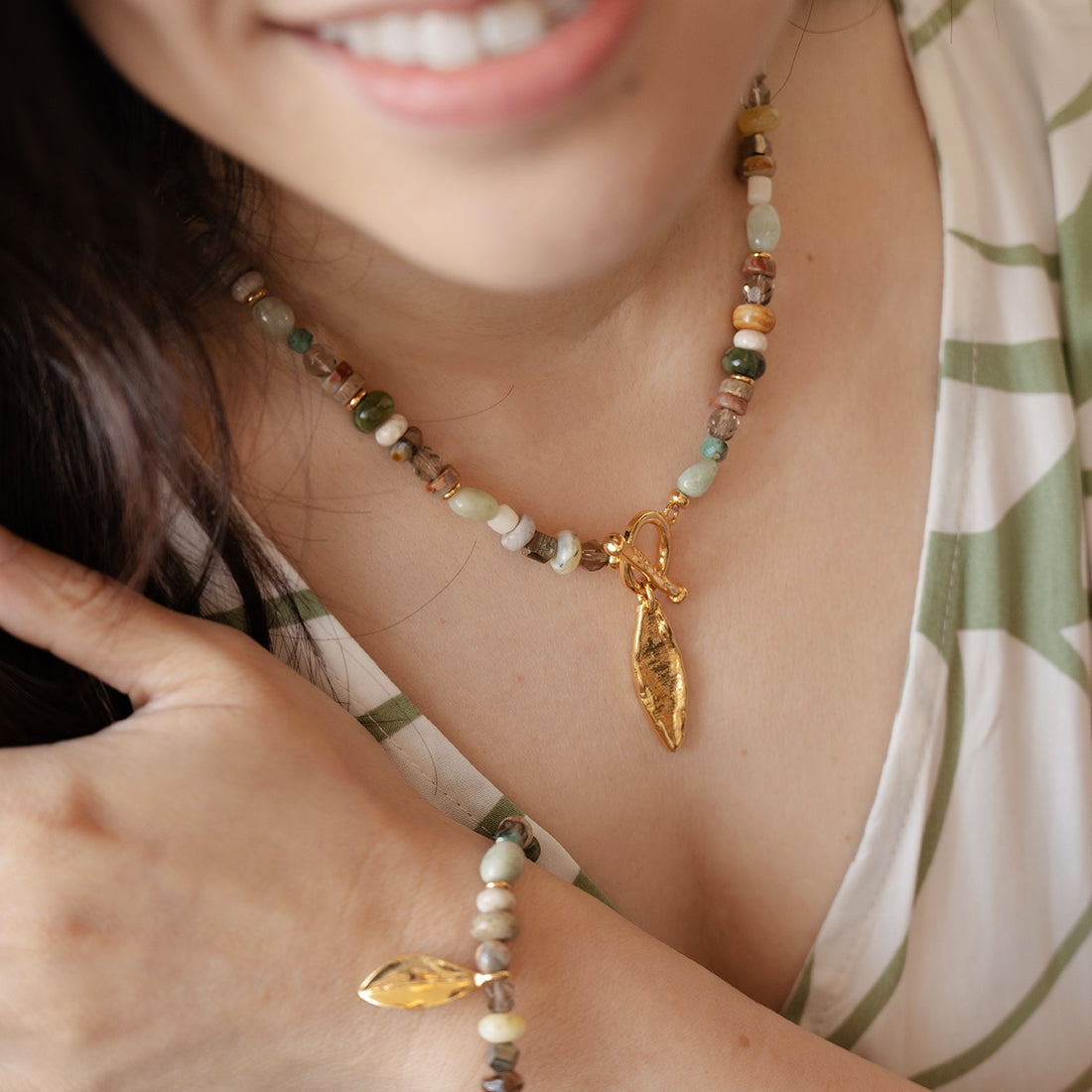 Velatti Gemstone Necklace with Leaf Charm