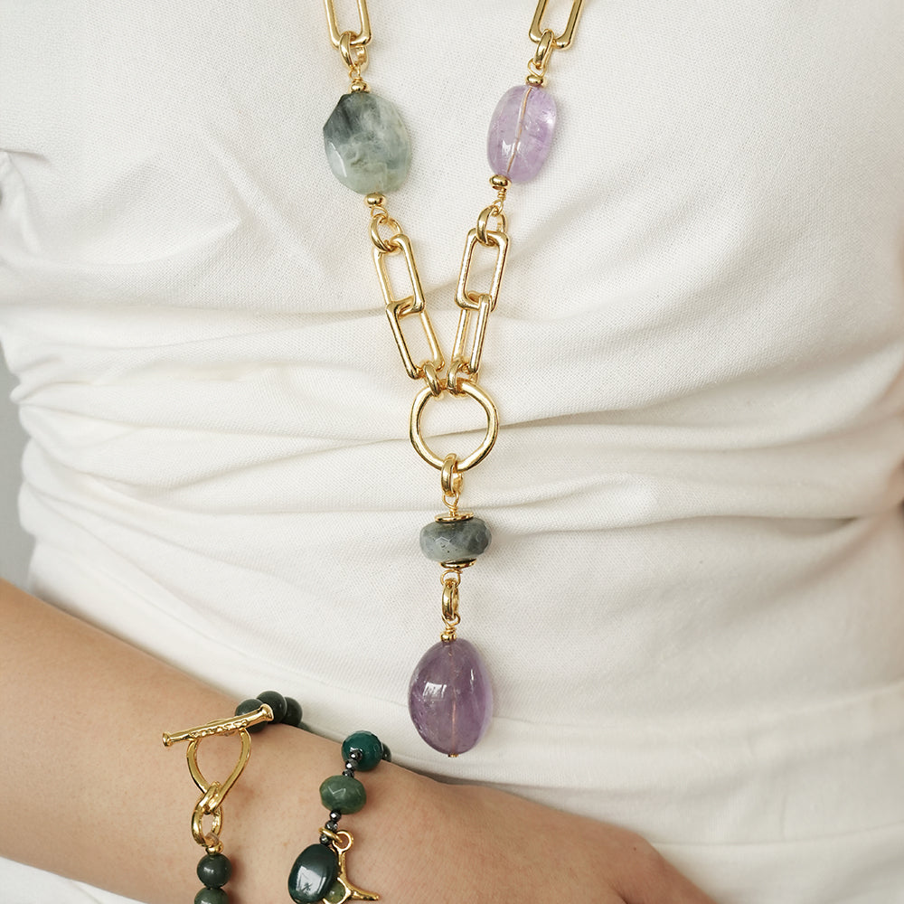 Velatti Links Long Necklace with Amethyst, Fluorite and Labradorite