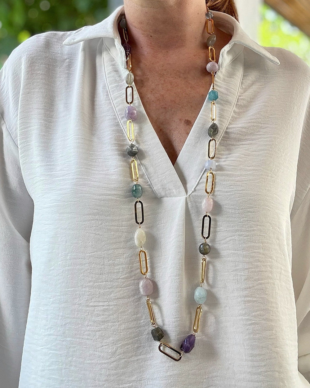 Velatti Long Links Necklace with Multi Stone