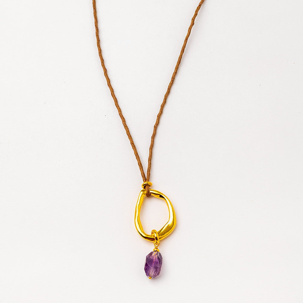 Velatti Circle & Gemstone Necklace with Adjustable Cotton Cord