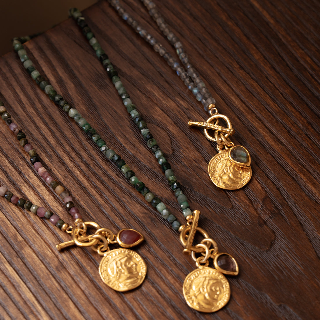 Velatti Gemstone Necklace with Medallion and Gem